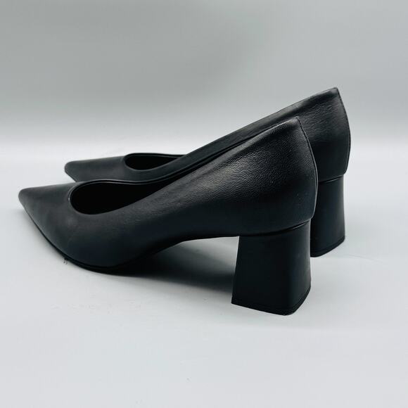 AGL Shoes Womens 8 Black Leather Pumps Pointed Toe Slip On Classic Block Heel - Picture 6 of 11